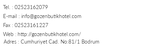 Gzen Butik Hotel telefon numaralar, faks, e-mail, posta adresi ve iletiim bilgileri